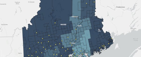 A map that shows Maine's counties and schools (yellow dots) that visited LabVenture in the 2019-2020 school year.