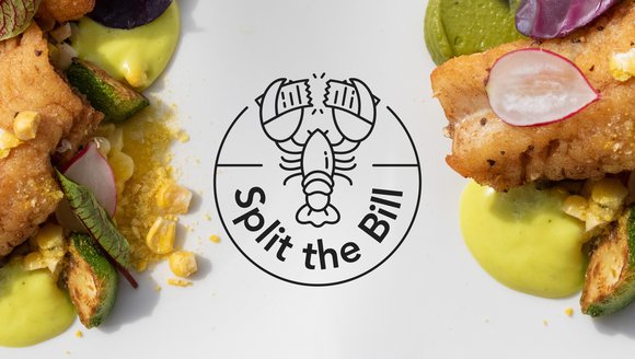 Seafood appears on the sides of the image, over a white background and black iconography.