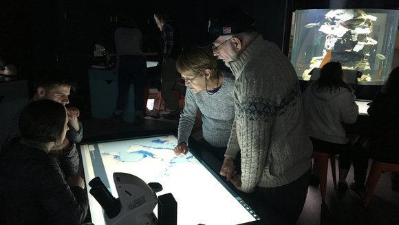 A man and a woman use a bright interactive touch screen in a dark room.