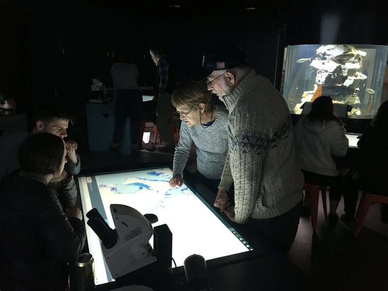 A man and a woman use a bright interactive touch screen in a dark room.