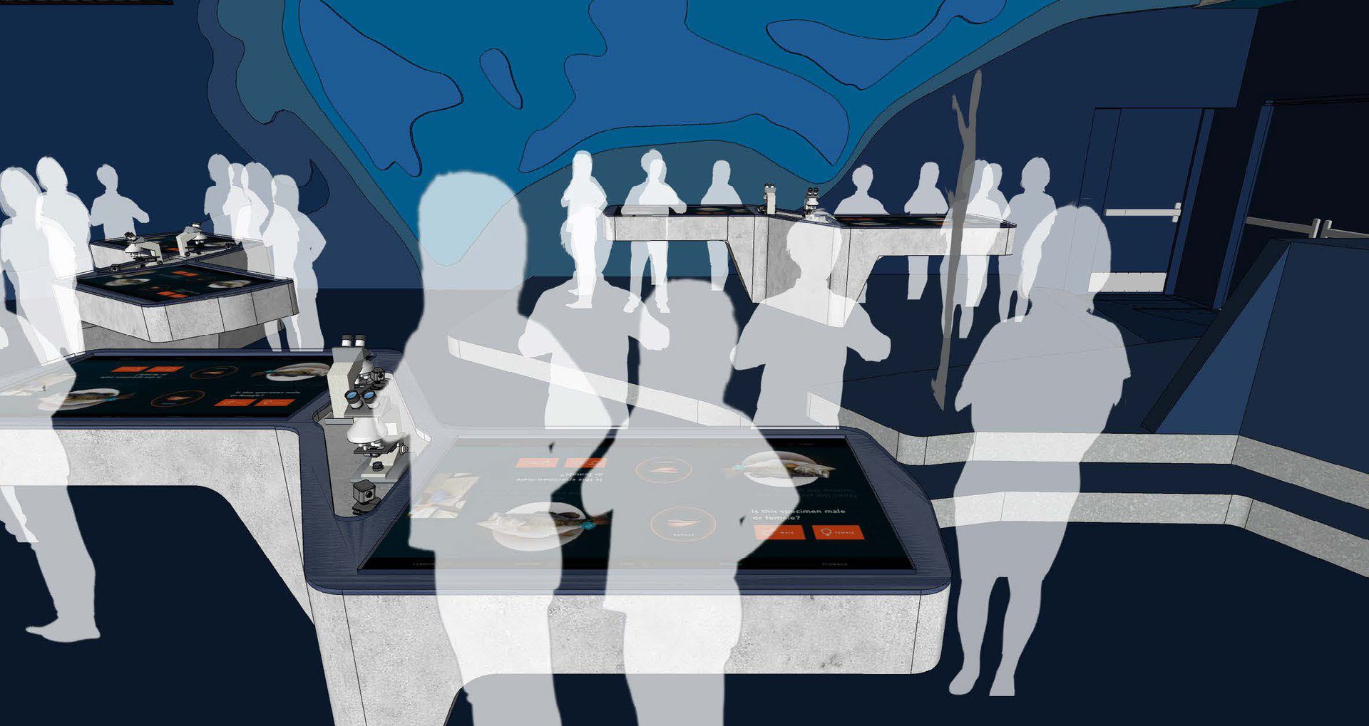 A graphic of the future LabVenture design which includes multiple interactive kiosks, a wall map of the Gulf of Maine. White outlines of students are spaced throughout the graphic to represent the real students that will experience this new LabVenture space soon.