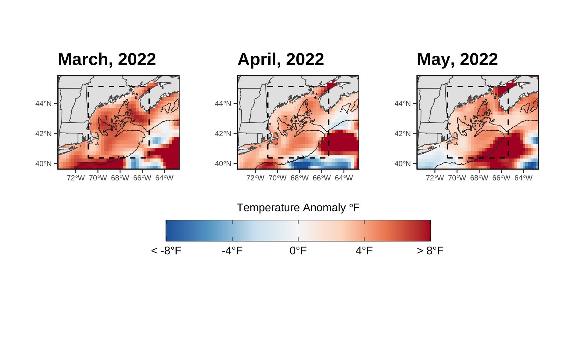 Fig. 8. This series of maps shows the average monthly SST temperature anomalies in March, April, and May 2022. The box outlined by the black dashed line denotes the region of study for the analysis. Darker red regions indicate stronger anomalies.