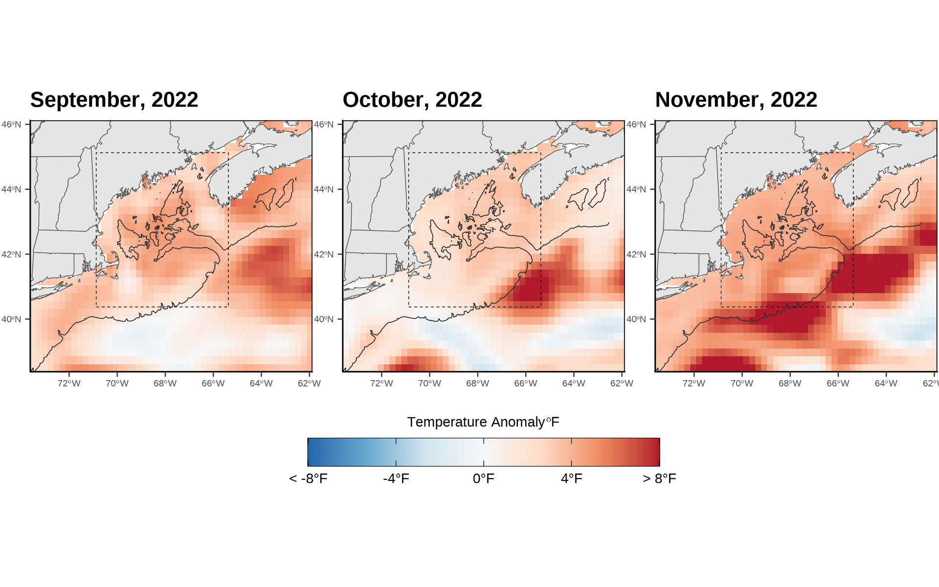 Figure 8. This series of maps shows the average monthly SST anomaly for September, October, and November 2022. The box outlined by the black dashed line denotes the region of study for the analysis. Darker red regions indicate warmer anomalies.