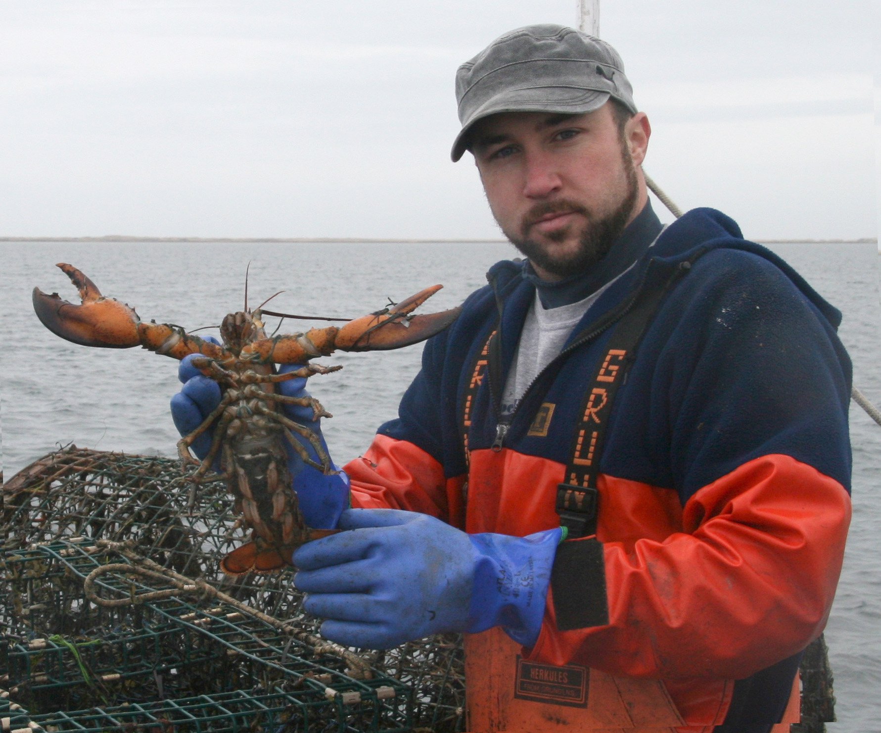 Owen Nichols holds a brown lobster, claws outstretched, on a boat wearing a blue and red jacket.
