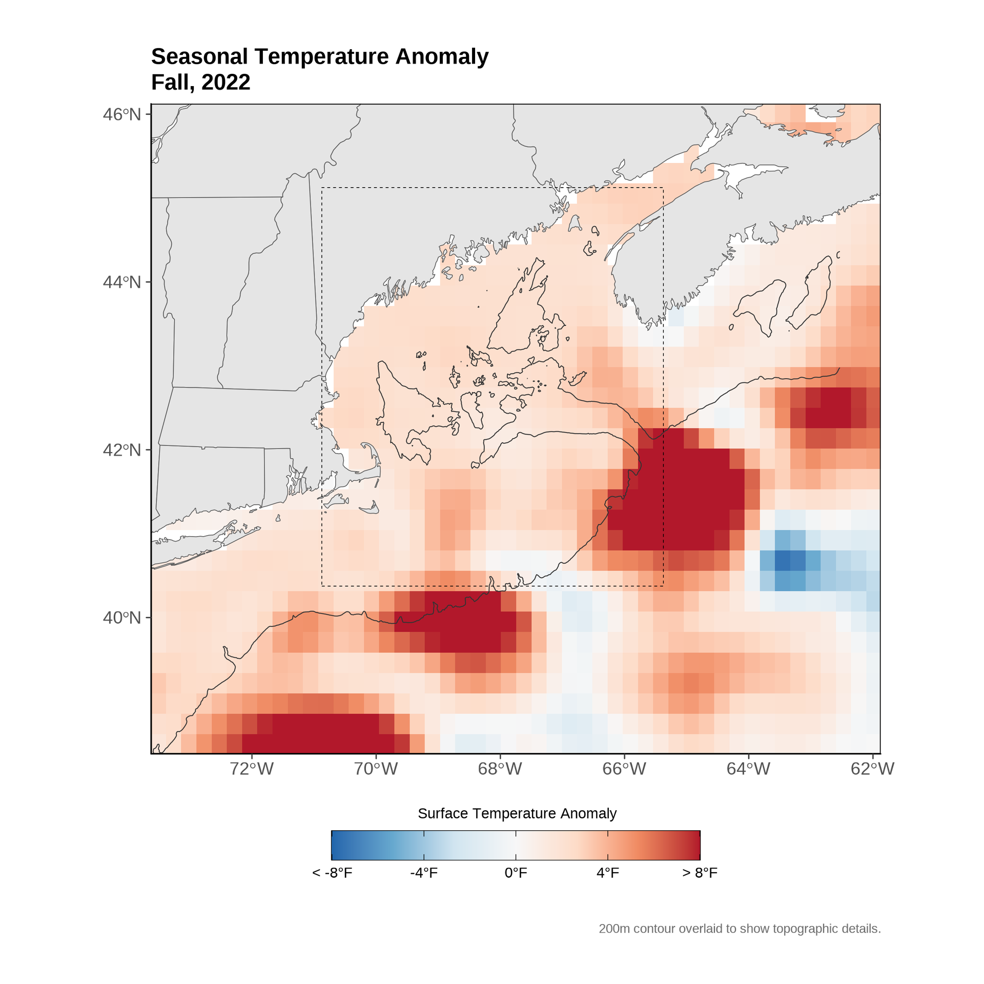 Figure 7. Map of average SST anomalies for each grid cell in the satellite record for fall 2022. The box outlined by the black dashed line denotes the region of study for the analysis (see Figure 9). Darker red regions indicate warmer anomalies.