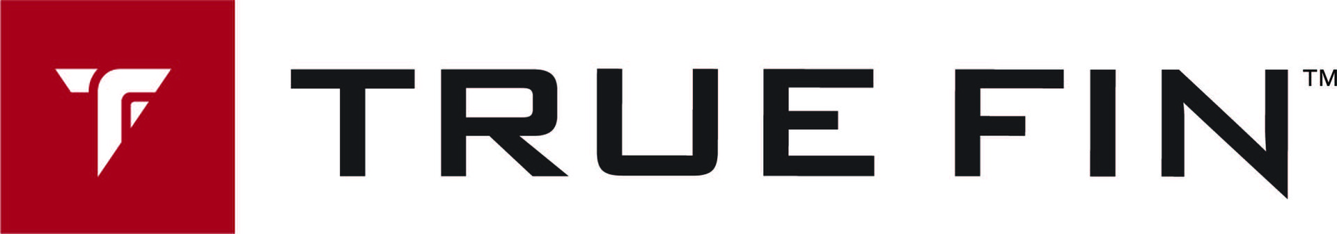 A logo for True Fin that is black and red.