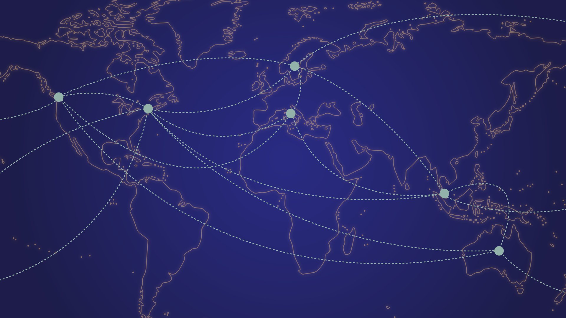 This image shows a map of the world, with sea foam green dots connected by the same color dashed lines, representing a global network. The background is dark blue.