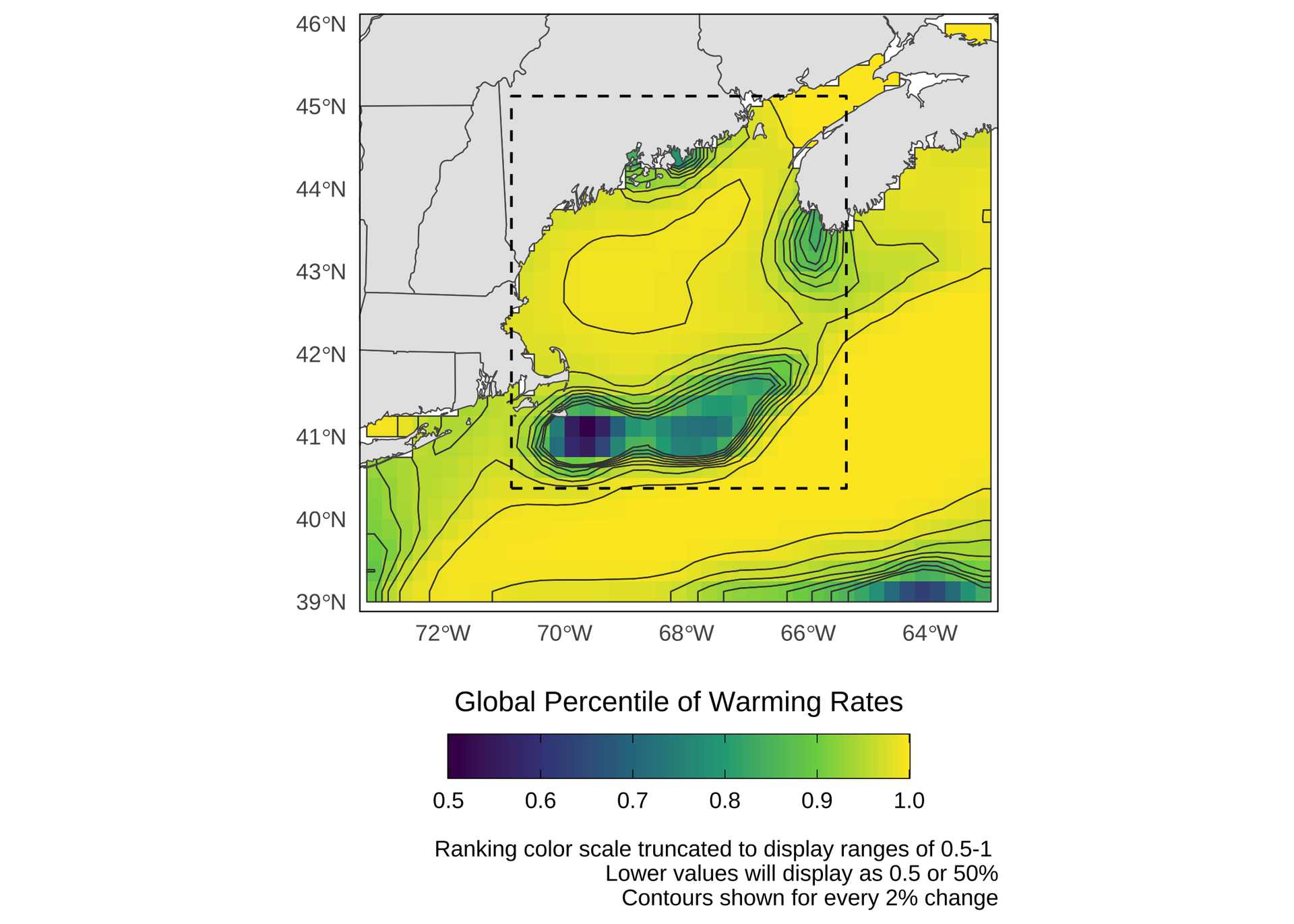 Fig. 8. A map illustrating the spatial variability in the ranking of how fast different areas of the Gulf of Maine are warming (from 1982 through 2020) compared to the rest of the world’s oceans over that timeframe. Yellow areas indicate regions that are among the very fastest warming regions in the world.