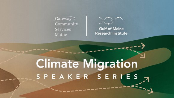 This graphic for the climate migration series features white font over a desert like landscape that is brown on the left and fades to green on the right. Brown arrows with dashed lines weave from left to right on the picture.