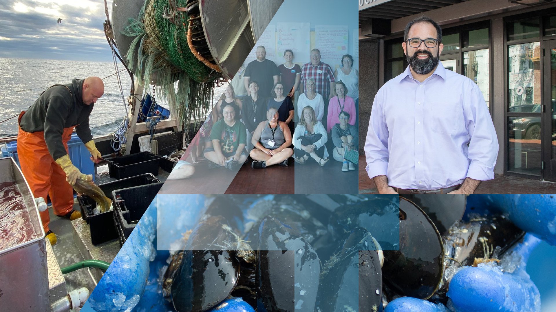 A composite image represents the feature images from four stories throughout 2020. The image features teachers, mussels in hands, a fisherman on deck, and a portrait for Dr. David Reidmiller. The number four is also incorporated in the design.