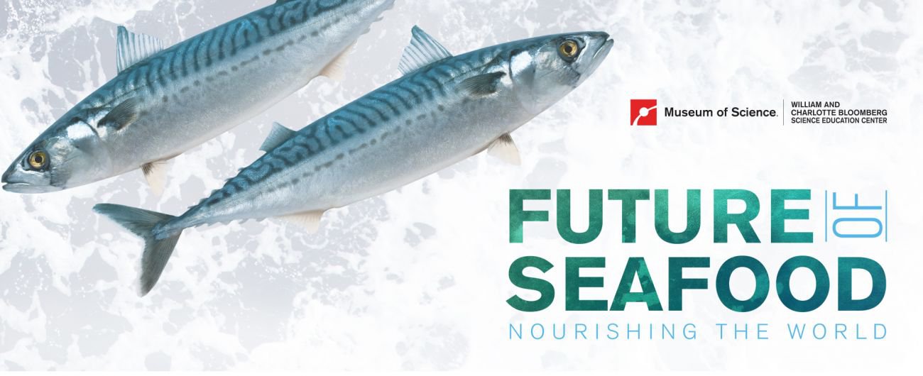 A graphic reading "Future of Seafood, Nourishing the World" in blue and green text with two fish in the top left