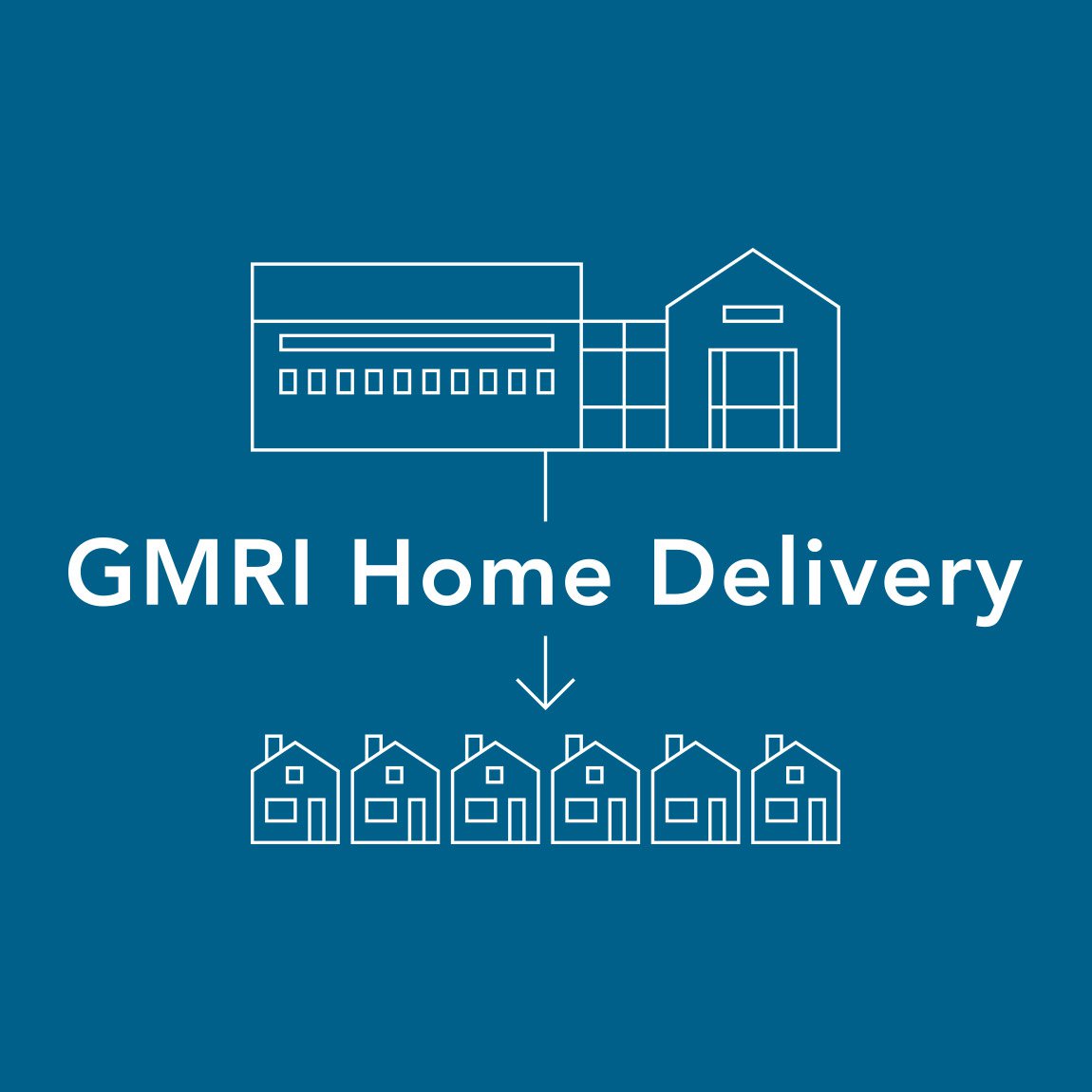 Line drawing showing GMRI lab and homes with a title GMRI Home Delivery between them and an arrow going from the lab to the homes