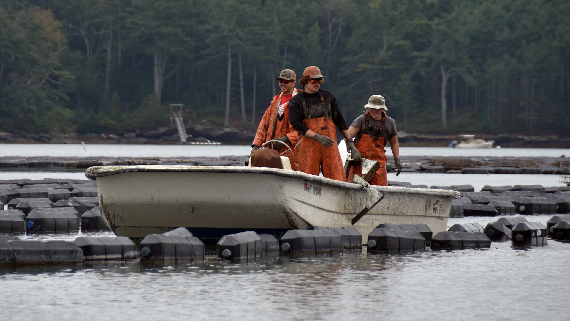Three fishermen in orange stand on a white boat that is floating to the image's left.