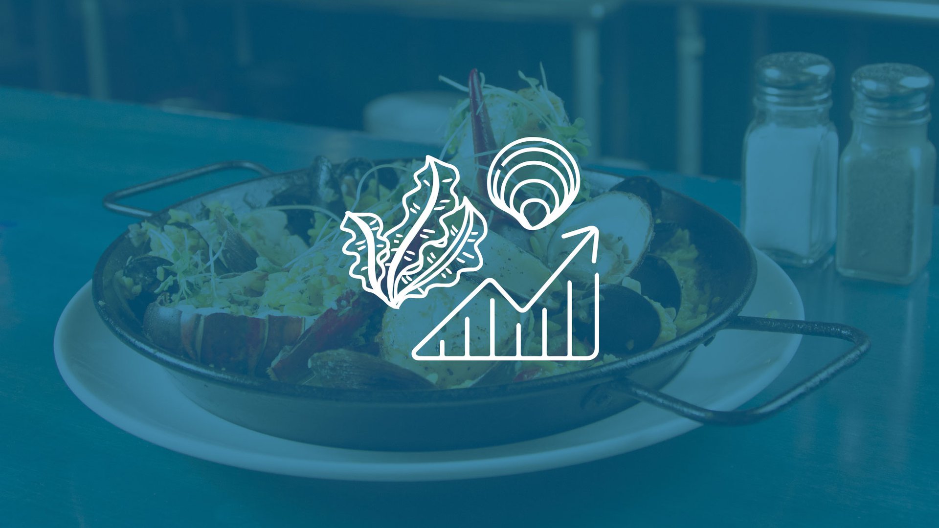 A dish of colorful seafood sits behind a transparent blue foreground that has white outlined seafood appearing about an X-Y graph that is surging upwards.