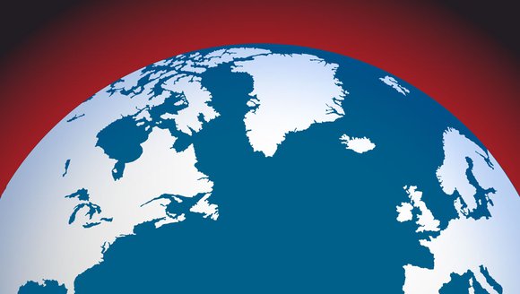 This thumbnail shows a blue earth with grey land masses in front of an ominous red and black background, representing warming.