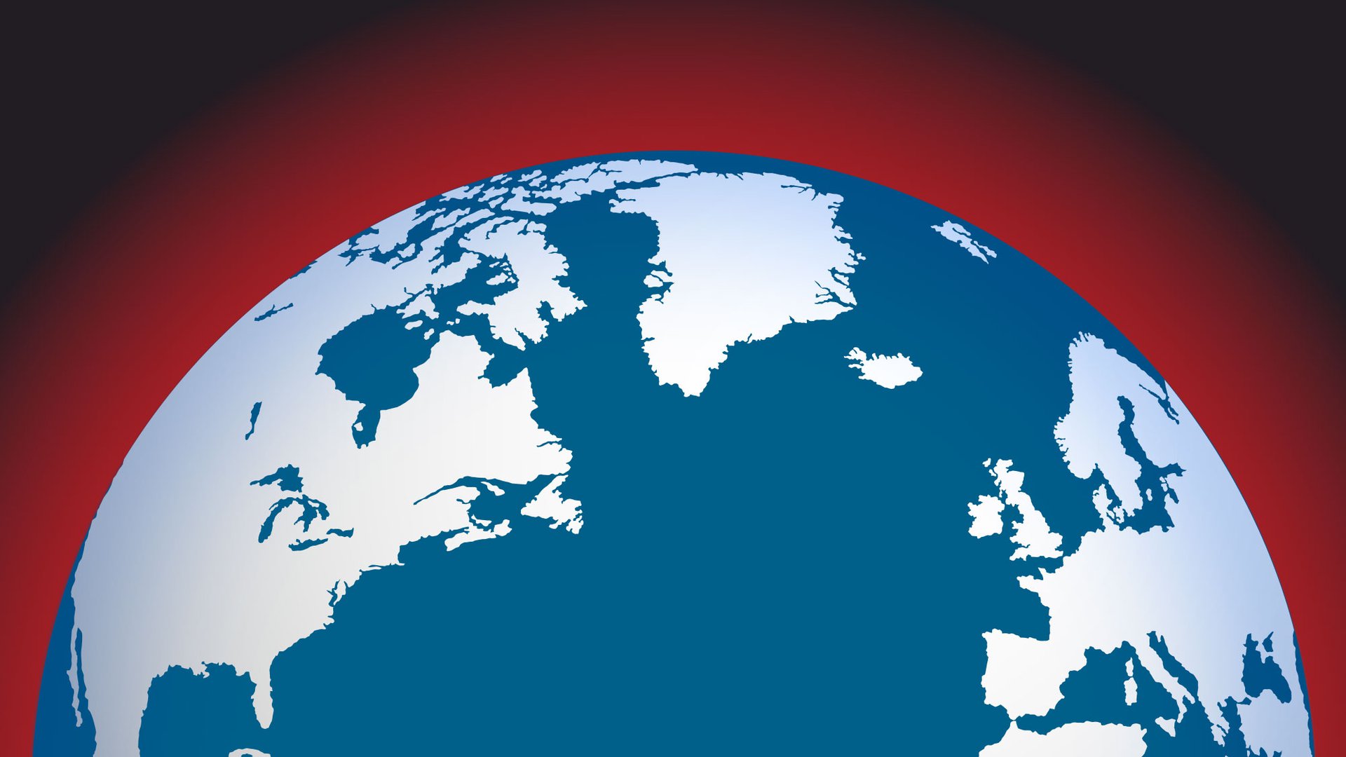 This graphic depicts a section of the globe, blue waters and gray land formations, sitting in front of an ominous, red and black glowing background that signifies warming.