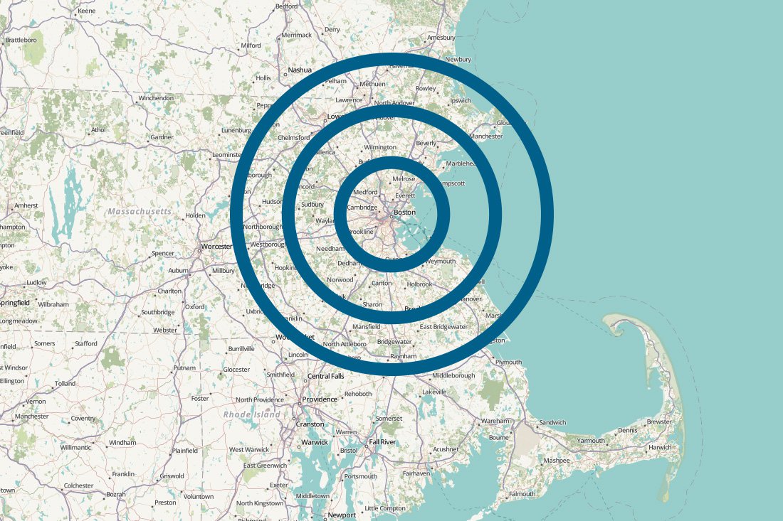 Three blue concentric circles sit on a map of the East Coast with Boston centered in the middle of the circles.