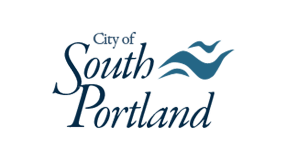 Blue text that reads "City of South Portland" with three, blue wave-like graphics in the upper right