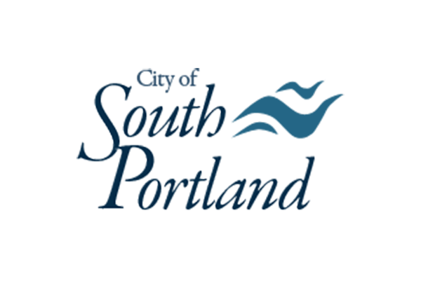 Blue text that reads "City of South Portland" with three, blue wave-like graphics in the upper right
