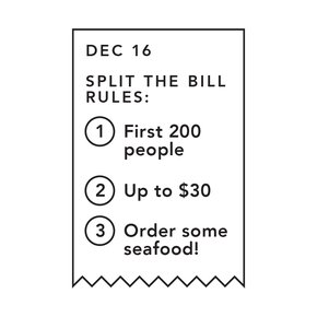 An image of a receipt with Split the Bill rules written on it