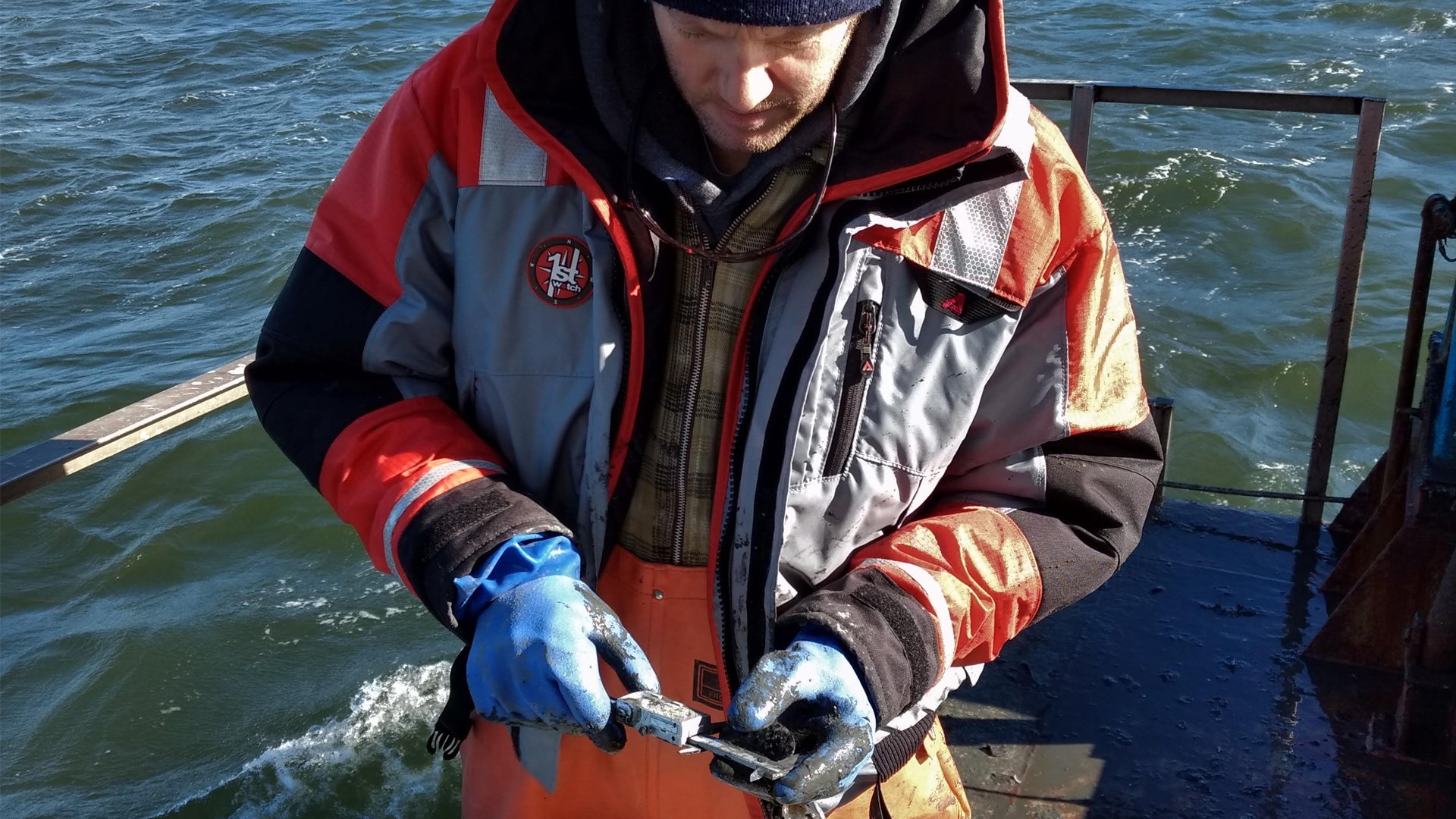 A scientist measuring a mussel on a boat