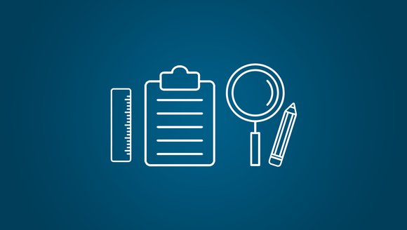 magnifying glass, pencil, ruler, and clipboard icons on a blue background