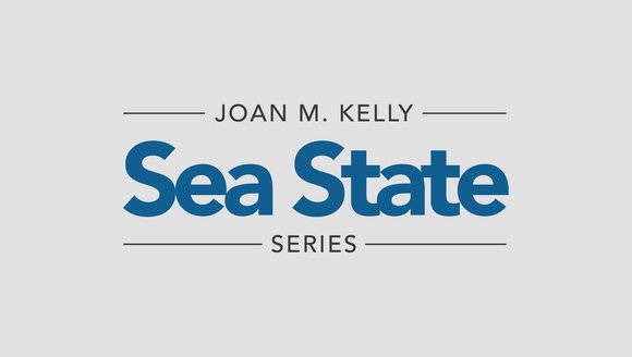 A graphic with a gray background and black and blue text that reads: Joan M. Kelly Sea State Series