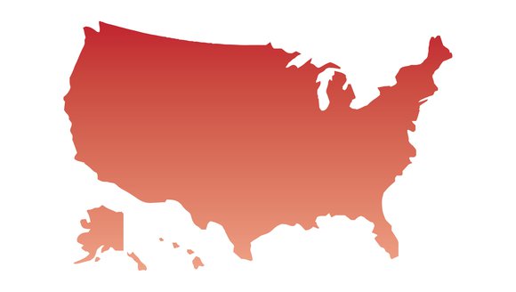 A red map of the United States, including Alaska and Hawaii, without state lines