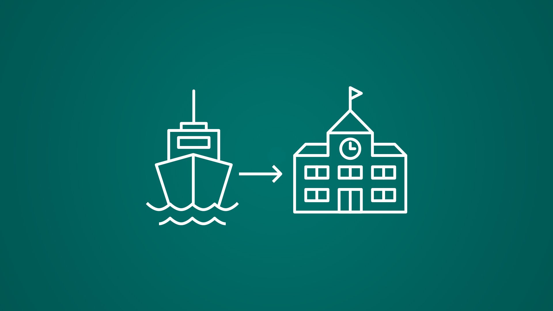 a white line drawing on a green background depicts a fishing vessel with an arrow pointing toward a school.